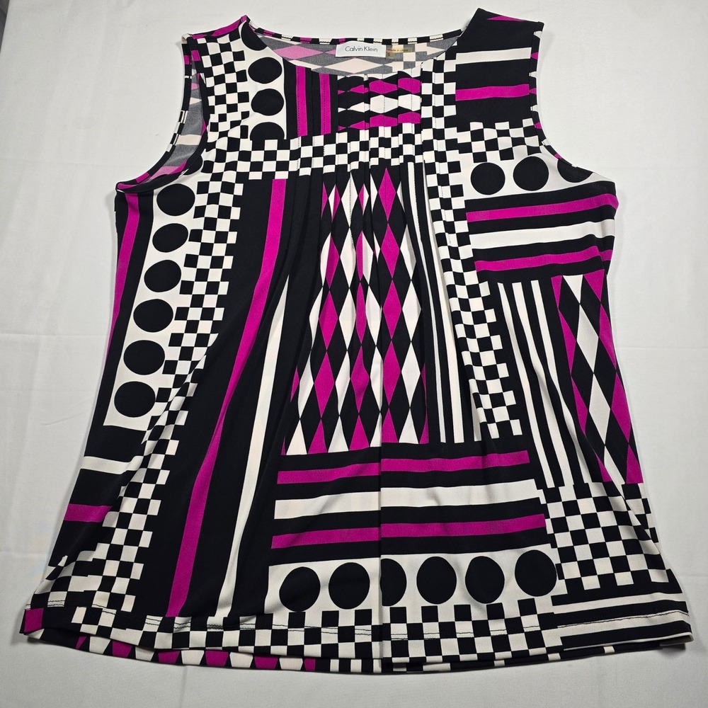 Calvin Klein Womens small Sleeveless Geometric Print Pleated Top Pink‎ Black